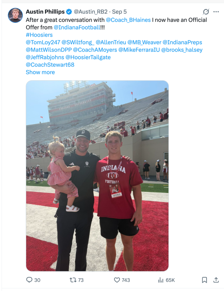 Austin Phillips’s September 5 Indiana offer announcement on X, with a photo alongside Coach Bryant Haines at Memorial Stadium.