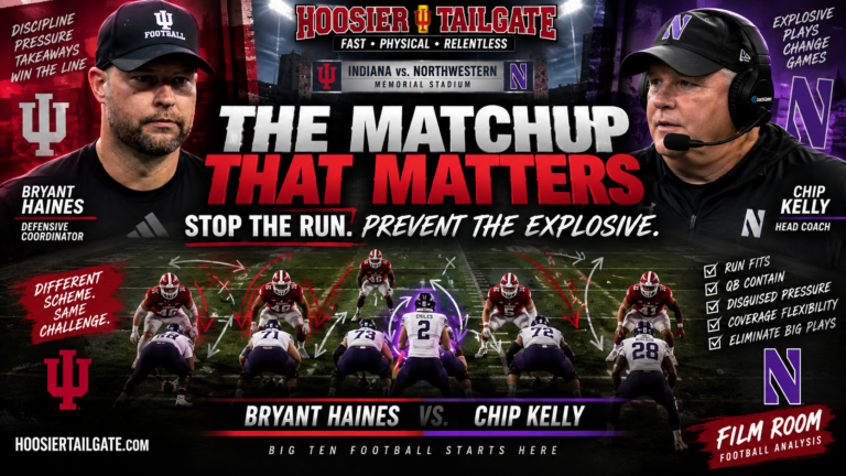 Indiana defensive coordinator Bryant Haines vs. Northwestern head coach Chip Kelly — stop the run, prevent the explosive.
