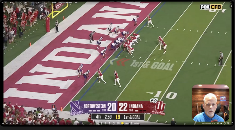 Indiana’s offense in an open set at Northwestern’s 1-yard line before the Zone Read play.