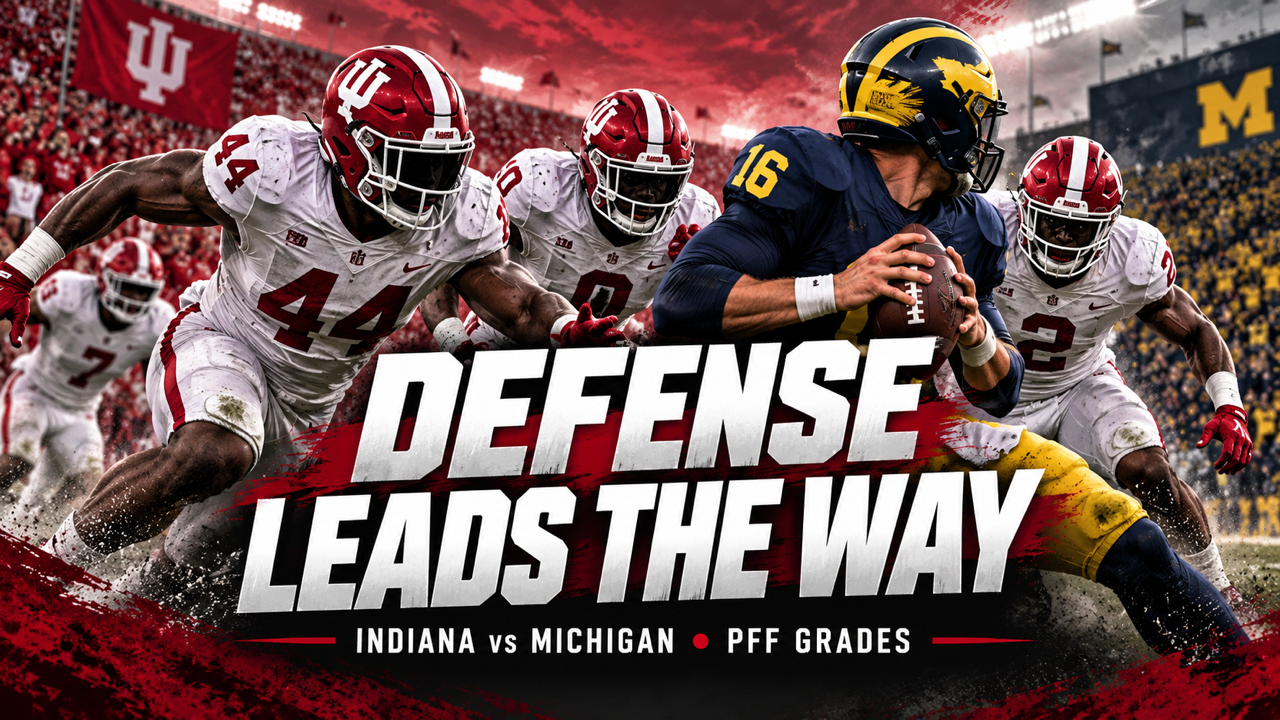 AI-generated sports illustration of Indiana defenders pressuring a Michigan quarterback, with the headline Defense Leads the Way.